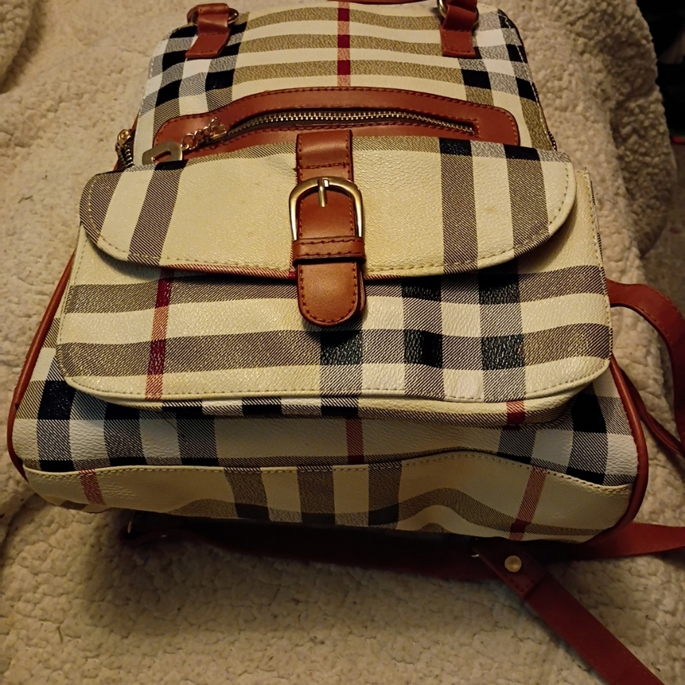 Designer Look Plaid Tan and Brown Women's Backpack Vegan